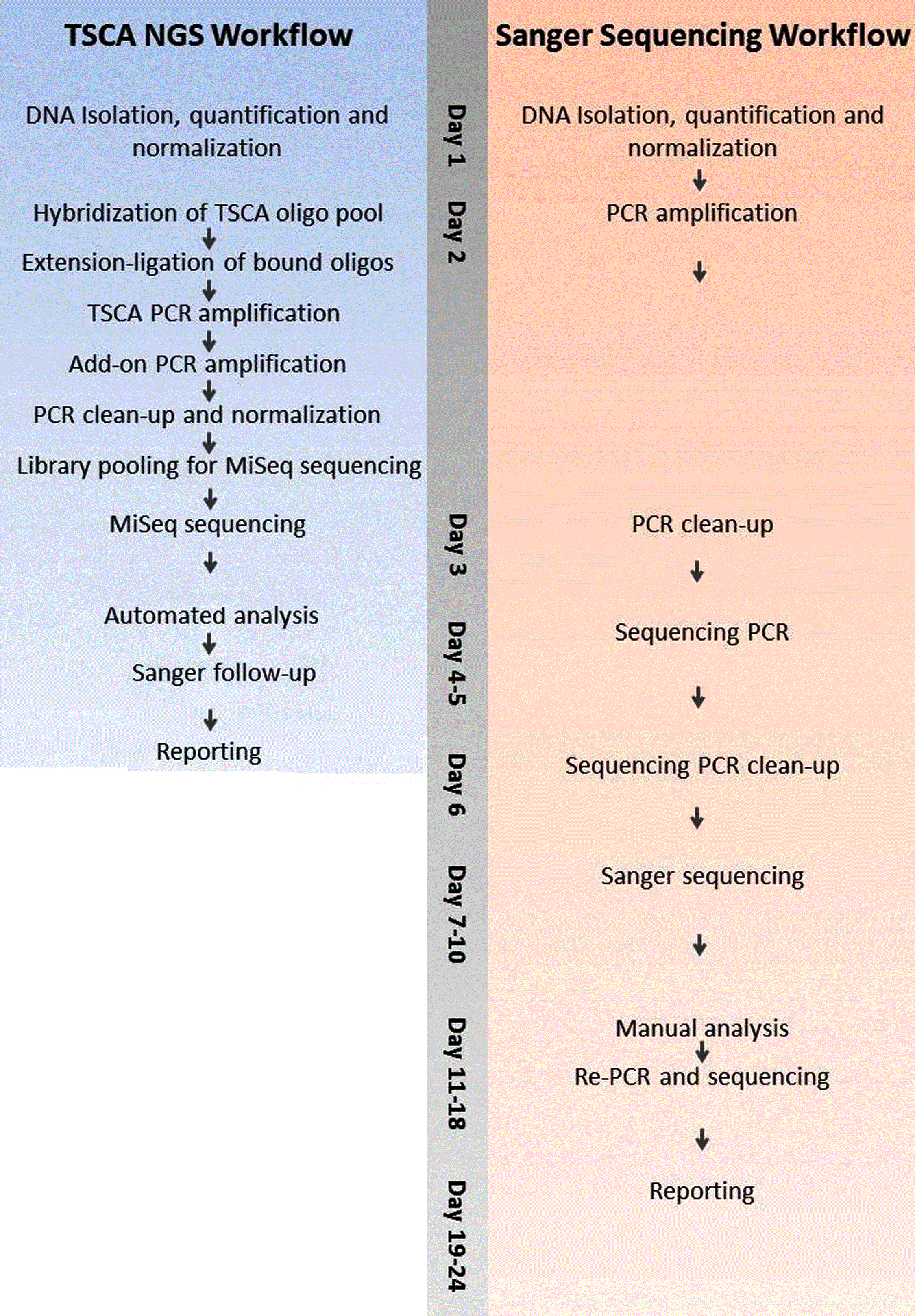 Figure 1: Timeline for reporting 94 CFTR Samples using Sanger
sequencing vs a targeted TSCA NGS workflow.